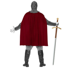 Adult wearing a medieval knight costume with blue tunic, cape, belt and hood for Book Week and historical themed events