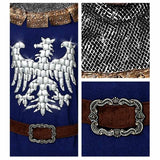 Collage of a decorative belt with an eagle emblem, chainmail, and buckle on a blue background.