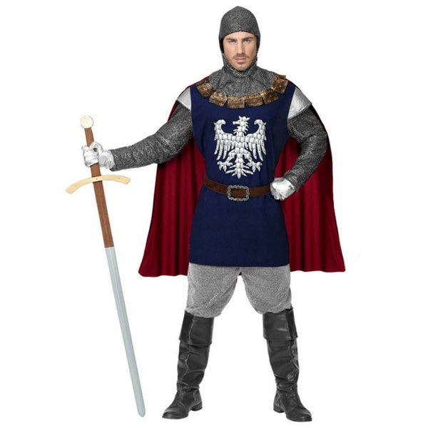 Adult wearing a medieval knight costume with blue tunic, cape, belt and hood for Book Week and historical themed events