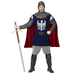 Adult wearing a medieval knight costume with blue tunic, cape, belt and hood for Book Week and historical themed events