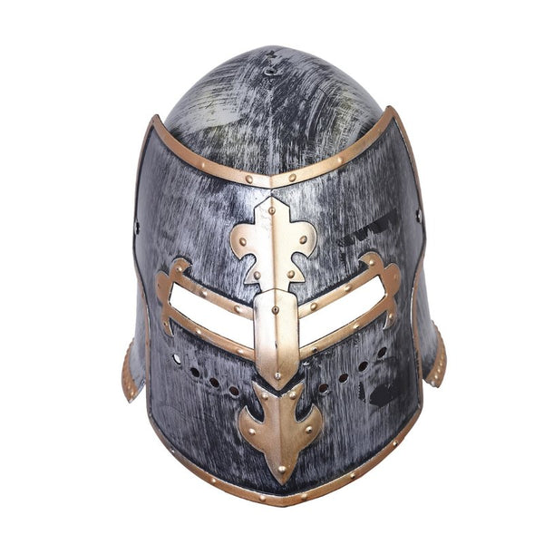 knight helmet adult size with flip down front and gold detail on metal look base.