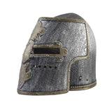 Knight helmet in silver with gold accents with flip up front.