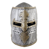 Knight helmet in silver with gold accents with flip up front.