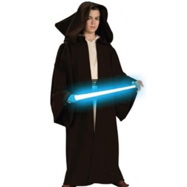 Child wearing black knight hooded robe costume for Halloween or medieval dress-up