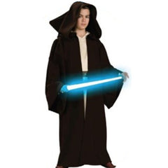 Child wearing black knight hooded robe costume for Halloween or medieval dress-up