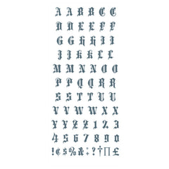 Knuckles Alphabet 2 Old English temporary tattoo sheet by Tinsley FX with full alphabet and numbers.