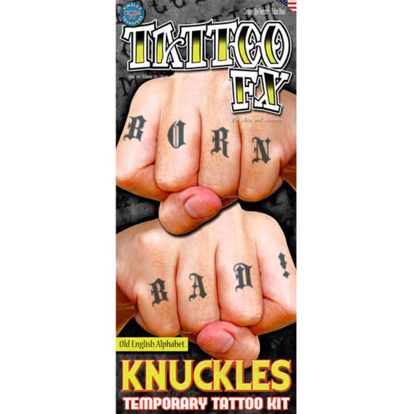 Knuckles Alphabet 2 Old English temporary tattoo sheet by Tinsley FX with full alphabet and numbers.