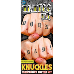 Knuckles Alphabet 2 Old English temporary tattoo sheet by Tinsley FX with full alphabet and numbers.