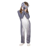 Child wearing a gray and white animal costume with a mask on a white background