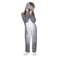 Child wearing grey koala jumpsuit with matching felt mask and printed fur