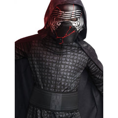 Kylo Ren Deluxe Child Costume – Star Wars outfit featuring a digitally printed tunic with high collar and slits, velour-look hooded cape, foam-backed belt, elastic waist pants with boot covers, and moulded EVA mask with red scar detail.