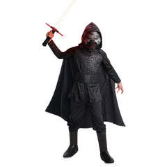 Kylo Ren Deluxe Child Costume – Star Wars outfit featuring a digitally printed tunic with high collar and slits, velour-look hooded cape, foam-backed belt, elastic waist pants with boot covers, and moulded EVA mask with red scar detail.