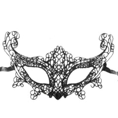 Black lace masquerade mask with ribbon ties for elegant costume or party wear