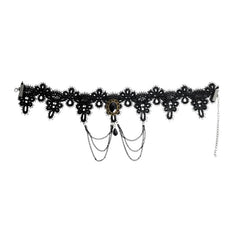 Black lace choker necklace with central black jewel pendant for gothic or Halloween costume