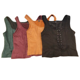 Four suede look lace up vest tops in green, burgundy, brown, and black on a white background