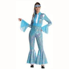 Ladies 70s Blue Disco Jumpsuit with flare at sleeve and pant legs, iridescent fabric.