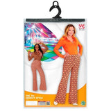 Packaging for ladies 70s flared pants in rhombus print