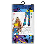 Packaged leggings with colorful design and model on a white background