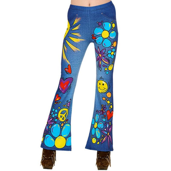 Ladies 70s hippie jeans style leggings with retro print, peace and love costume look