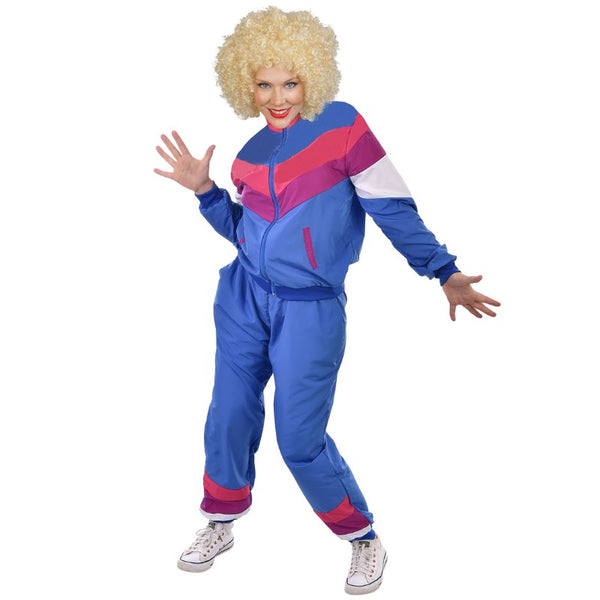 Ladies 80s tracksuit with magenta, royal blue, and orange zip jacket and pants