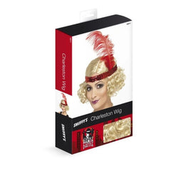 Ladies Blonde Charleston Wig with red sequin headband and feather – soft synthetic curls in 1920s flapper style, ideal for Gatsby or vintage parties.