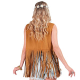 Back view of brown fringed hippie vest with fringing at hemline