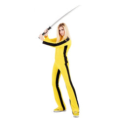 Close-up of ladies kung fu fighter costume showing yellow jumpsuit and black stripe details