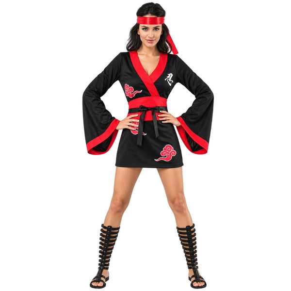 Ladies black and red ninja costume with dress, belt and headband front view