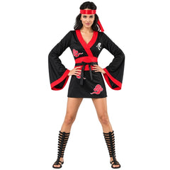 Ladies black and red ninja costume with dress, belt and headband front view