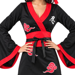 Ladies black and red ninja costume with dress, belt and headband front view