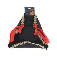 Ladies tricorn pirate hat with gold braid and red ribbons