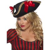 Ladies tricorn pirate hat with gold braid and red ribbons