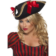 Ladies tricorn pirate hat with gold braid and red ribbons