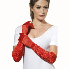 Ladies Red Gloves, elbow length with rouching on top.