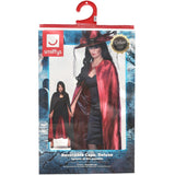 Red and black reversible cape with a woman wearing it on a Smiffy's packaging.