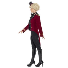 Ladies Ringmaster Costume, red tails  jacket with epaulets and gold trim, black lapel