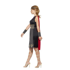 Ladies roman warrior costume with a gladiator feel, brown dress with attached warrior front with gold detail and arm guards and head band.