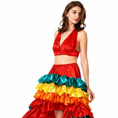Ladies colourful rumba costume with layered carnival skirt and matching crop top