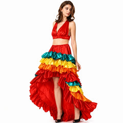 Ladies colourful rumba costume with layered carnival skirt and matching crop top