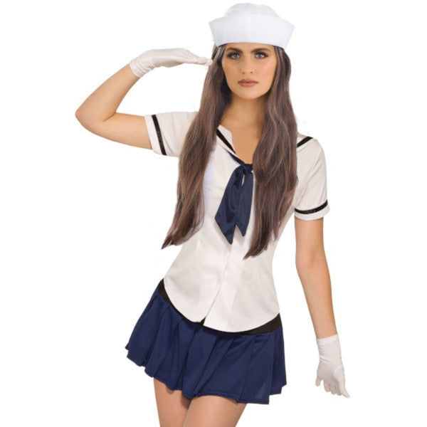 White sailor shirt for women with navy collar and tie.