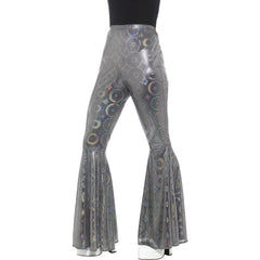Ladies silver holographic 70s flared trousers for disco costumes