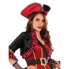 Lady Buccaneer Pirate Costume, dress with red bodice, black skirt with red/white stripe trim, short at front. Bodice with stripe trim and red hat.
