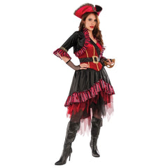 Lady Buccaneer Pirate Costume, dress with red bodice, black skirt with red/white stripe trim, short at front. Bodice with stripe trim and red hat.

