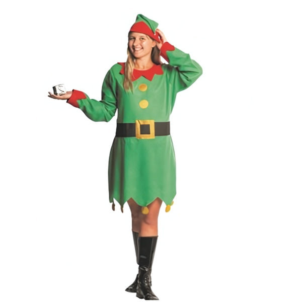 Lady elf costume in green felt long sleeve, red collar and cuffs, matching hat.