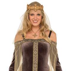 Lady Grey Costume – Adult medieval outfit featuring an ankle-length grey velour dress with off-the-shoulder styling, gold-trimmed bodice panels, flowing sleeves, draped tulle accents, moulded crown with tulle veil, and a gold cross pendant necklace.