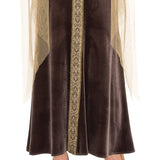 Lady Grey Costume – close-up of the lower half of the dress highlighting its ankle length and vertical gold braid detail running down the centre front for an elegant medieval finish.