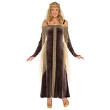 Lady Grey Costume – Adult medieval outfit featuring an ankle-length grey velour dress with off-the-shoulder styling, gold-trimmed bodice panels, flowing sleeves, draped tulle accents, moulded crown with tulle veil, and a gold cross pendant necklace.