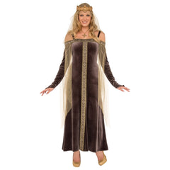 Lady Grey Costume – Adult medieval outfit featuring an ankle-length grey velour dress with off-the-shoulder styling, gold-trimmed bodice panels, flowing sleeves, draped tulle accents, moulded crown with tulle veil, and a gold cross pendant necklace.