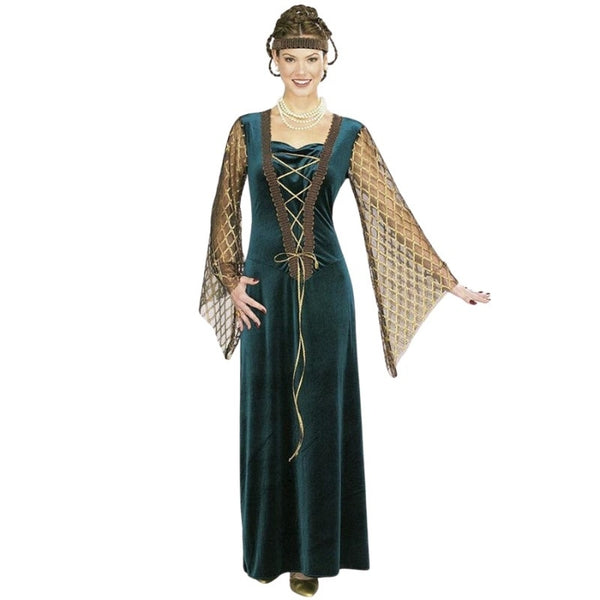 Lady Guinevere costume hire with long green medieval dress and lace sleeves