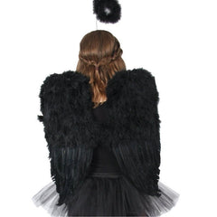 Large Black Feather Wings – 54 x 60 cm dark angel costume wings for Halloween or gothic themes.